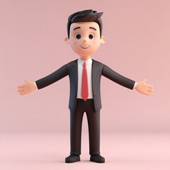 A cartoon businessman in a suit is standing in an office, smiling and pointing with his hand, symbolizing success and professionalism