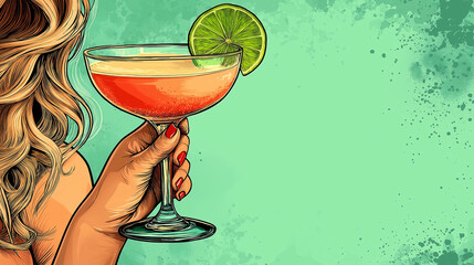 Hand holding glass of cocktail  for invitation text in pop art retro comics style.