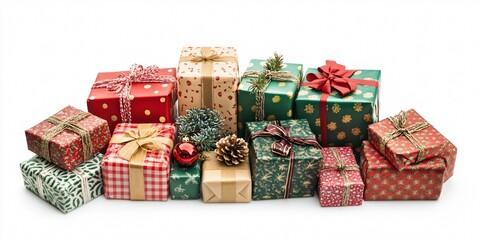 “Christmas gift boxes with ribbons and bows, wrapped in colorful paper, isolated on white background”
