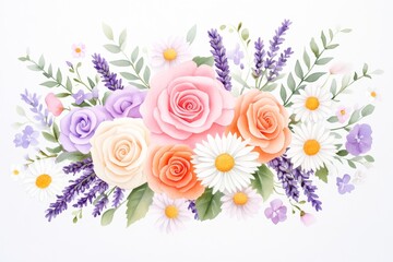 A beautiful watercolor floral arrangement featuring pink roses, daisies, and lavender on a light background.