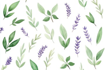 A beautiful pattern of various green leaves and lavender, perfect for natural and botanical themed designs.