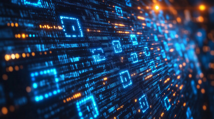 Obraz premium Abstract Blue Digital Binary Data Stream on Screen Background – High-Tech Digital Code and Programming Visuals for Technology, Data Analysis, and Cybersecurity Concepts.