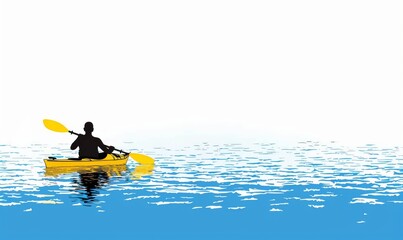 minimalist vector of a yellow kayak floating in a calm blue sea with a silhouette of a person, simple lines and ample white space