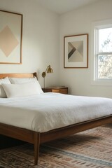 A white-walled bedroom with an art frame hanging from it. A mid century modern interior with a comfortable-looking bed. Generative AI
