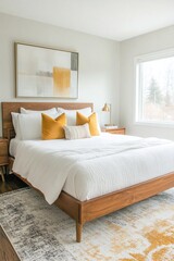 Fototapeta premium A photo of a mid century modern interior in a cozy bedroom with white walls hanging with art frames and a bed for sleeping. Generative AI 