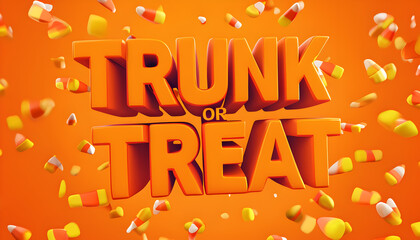 3D Halloween Promotional Graphic Featuring 'Trunk or Treat' with Flying Candy Corn