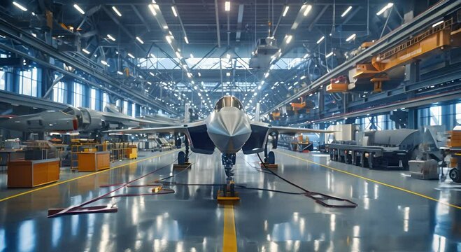 Stealth Fighter Jet on Display in Industrial Hangar