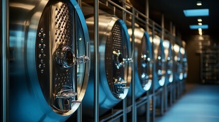 Fototapeta premium A row of steel cisterns used to store wine