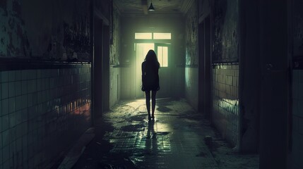 A woman stands in a dark and eerie hallway.