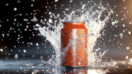 450 ml aluminum soda can with a lively splash, droplets of soda spraying out as the can is opened