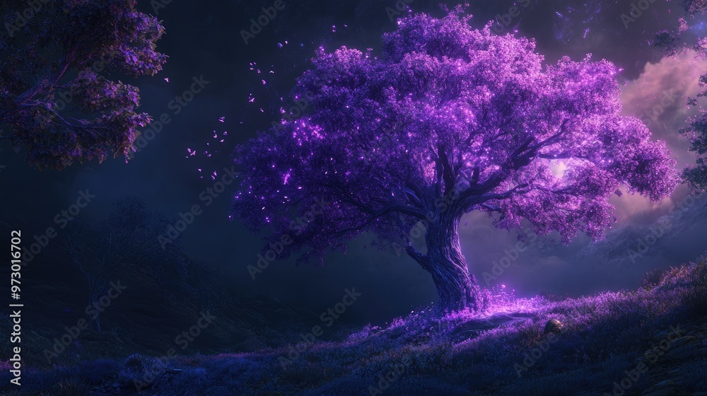 Wall mural enchanting purple tree with glowing leaves, standing tall in a mystical, fantasy landscape