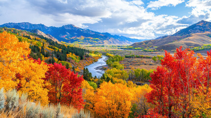 Obraz premium Scenic autumn landscape featuring vibrant fall foliage in orange, red, and yellow hues alongside a winding river in the mountains