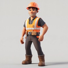 A smiling worker in a helmet and uniform stands with a hammer and chisel on a construction site