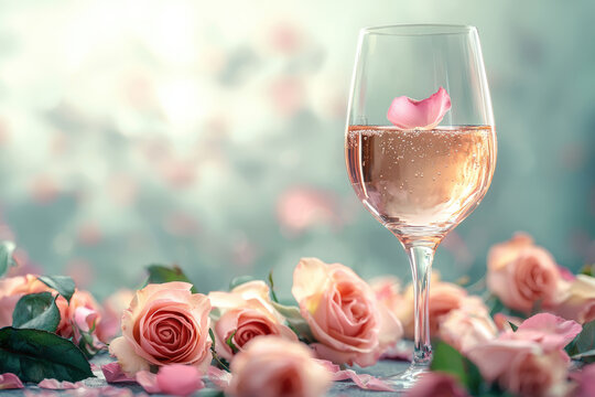 A wine glass with delicate rose petal resting on rim, surrounded by beautiful pink roses, creates romantic and elegant atmosphere. This image captures essence of love and celebration