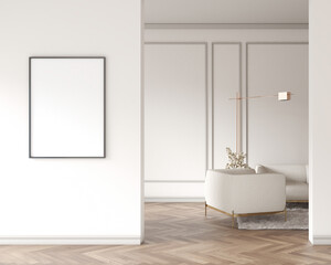 Minimalist interior with white walls, a sleek sofa, and modern decor, perfect for creating a serene living space. 3D rendering