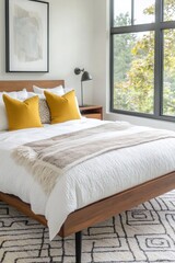 Obraz premium A photo of the mid-century modern interior of a house bedroom with a white-walled room and comfortable bed. Generative AI 