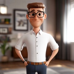 A handsome man wearing glasses, dressed in a suit, standing in a studio setting