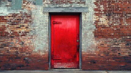A bright red door on an old brick building, contrasted against the weathered texture of the bricks.