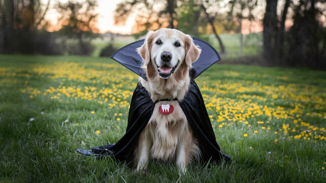 A playful golden retriever dressed as vampire for Halloween, looking at camera with smile