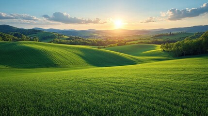 Fototapeta premium Serene landscape at sunrise over rolling green hills.