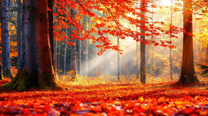 Fototapeta premium Vibrant autumn forest scene with bright red foliage, sunlight streaming through trees, creating a serene, picturesque atmosphere