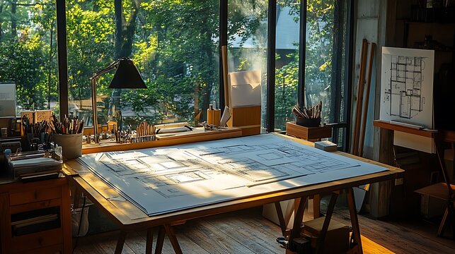 Drafting table with open house plans and precise drawing instruments, basking in warm, natural light from a nearby window