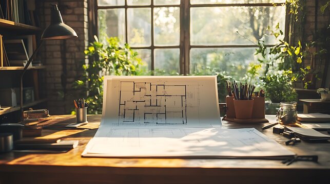 Drafting table with open house plans and precise drawing instruments, basking in warm, natural light from a nearby window