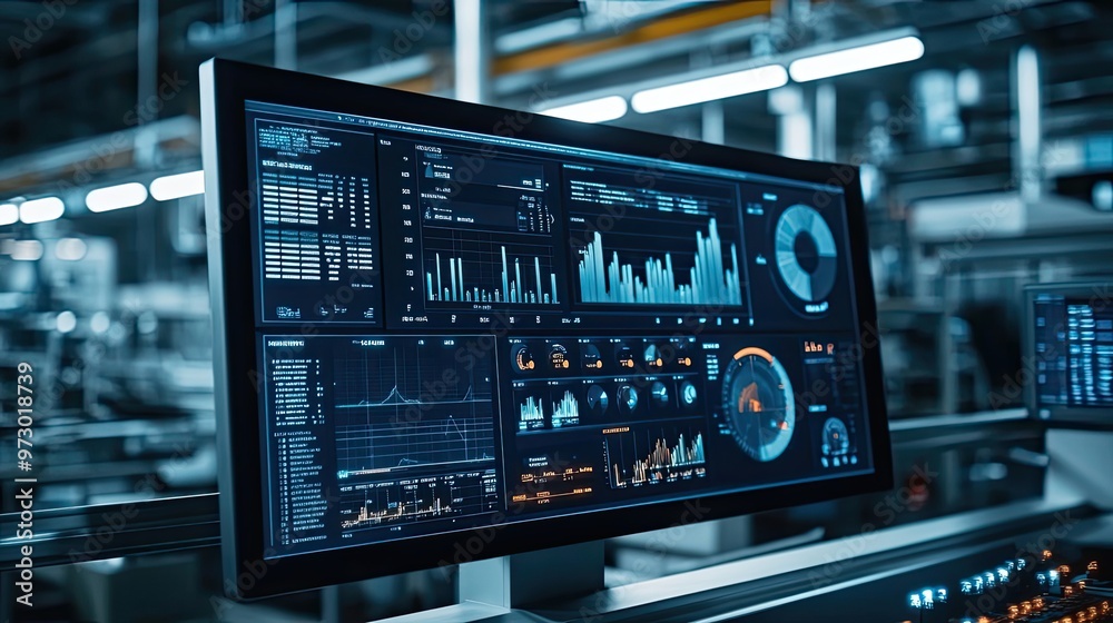Poster close-up of a computer monitor displaying data and graphs in a factory setting