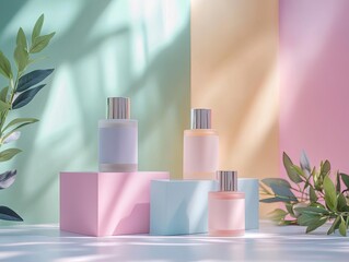 Pastel-colored lotion bottles on geometric stands, contemporary beauty scene, matte finish, natural lighting, subtle elegance, beauty product marketing concept