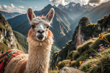 Llama Portrait with Mountainous Background