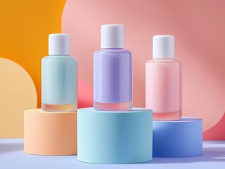 Pastel-colored lotion bottles on geometric stands, contemporary beauty scene, matte finish, natural lighting, subtle elegance, beauty product marketing concept