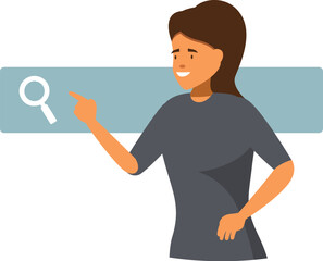 Cheerful woman pointing at a search bar, symbolizing the ease and accessibility of online research in modern times