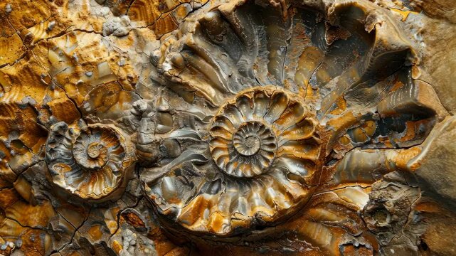 Exploring intricate ammonite fossils embedded in textured rock formations from the Jurassic period