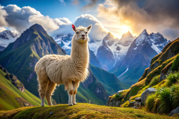 White Alpaca Standing on a Mountainside with a View of Snow-Covered Peaks