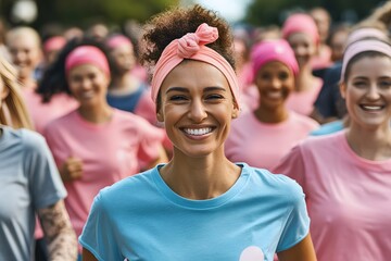 A young woman in blue shirt smiles brightly while walking with other women.