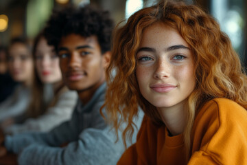 Fototapeta premium A group of people are sitting around a table, one of whom has red hair