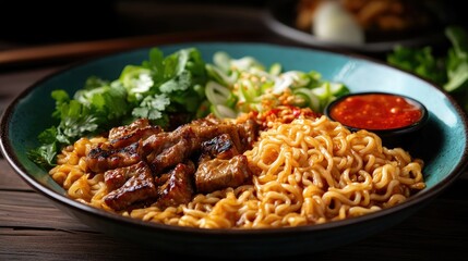 Fototapeta premium A casual meal scene where instant noodles are served alongside grilled vegetables and a side of spicy dipping sauce.