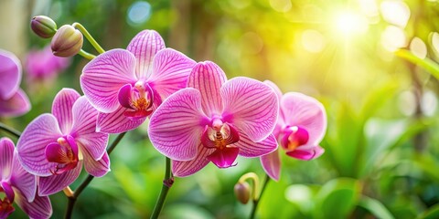 Close-up of beautiful pink phalaenopsis orchid flower in garden surrounded by greenery, orchid, flower, pink, phalaenopsis