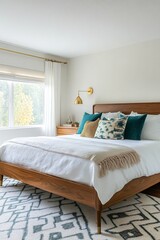 Fototapeta premium A photo of the mid-century modern interior of a house bedroom with a white-walled room and comfortable bed. Generative AI 