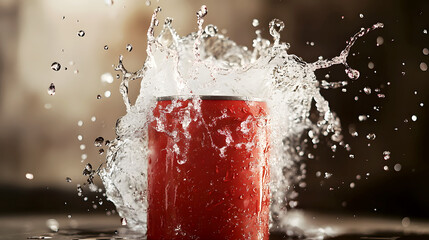 450 ml soda can with a dramatic splash of soda and droplets, capturing the refreshing moment