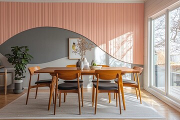 This is a dining room with walls and art frames that are finished with color panels. A photo of a mid century modern interior with wooden tables and chairs. Generative AI
