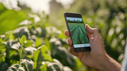 A close-up of a smartphone screen displaying an app for farm management, used to check weather conditions and control irrigation systems remotely