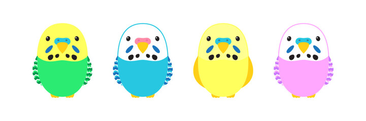 Cute cartoon green, blue, yellow and pink parrots on a white background. Set of isolated vector illustrations