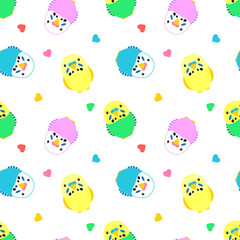 Cute cartoon colorful parrots and hearts on a white background. Seamless vector pattern, illustration, print