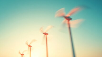 A conceptual image of wind energy, with blurred motion of turbine blades spinning against a clear sky, symbolizing the generation of clean power