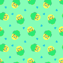 Cute cartoon green parrots and blue hearts on a light green background. Seamless vector pattern, illustration, print