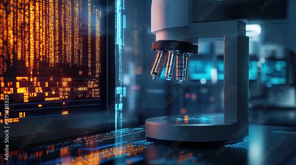 Poster a modern microscope with a digital screen displaying data in the background