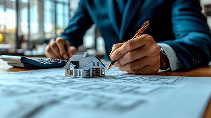 Real estate consultant reviewing architectural blueprints and a model house in a bright modern workspace