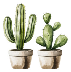 Fototapeta premium PNG Cacti in terracotta pots, watercolor art