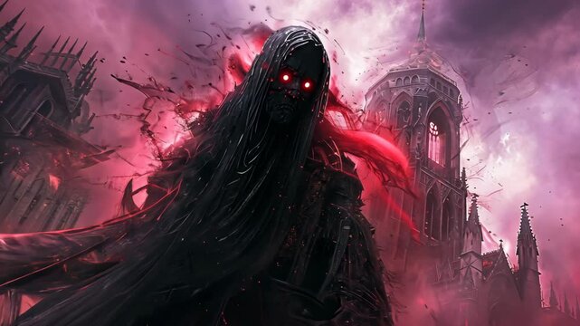 A dark entity unleashes chaos in a ruined castle during a ghostly night